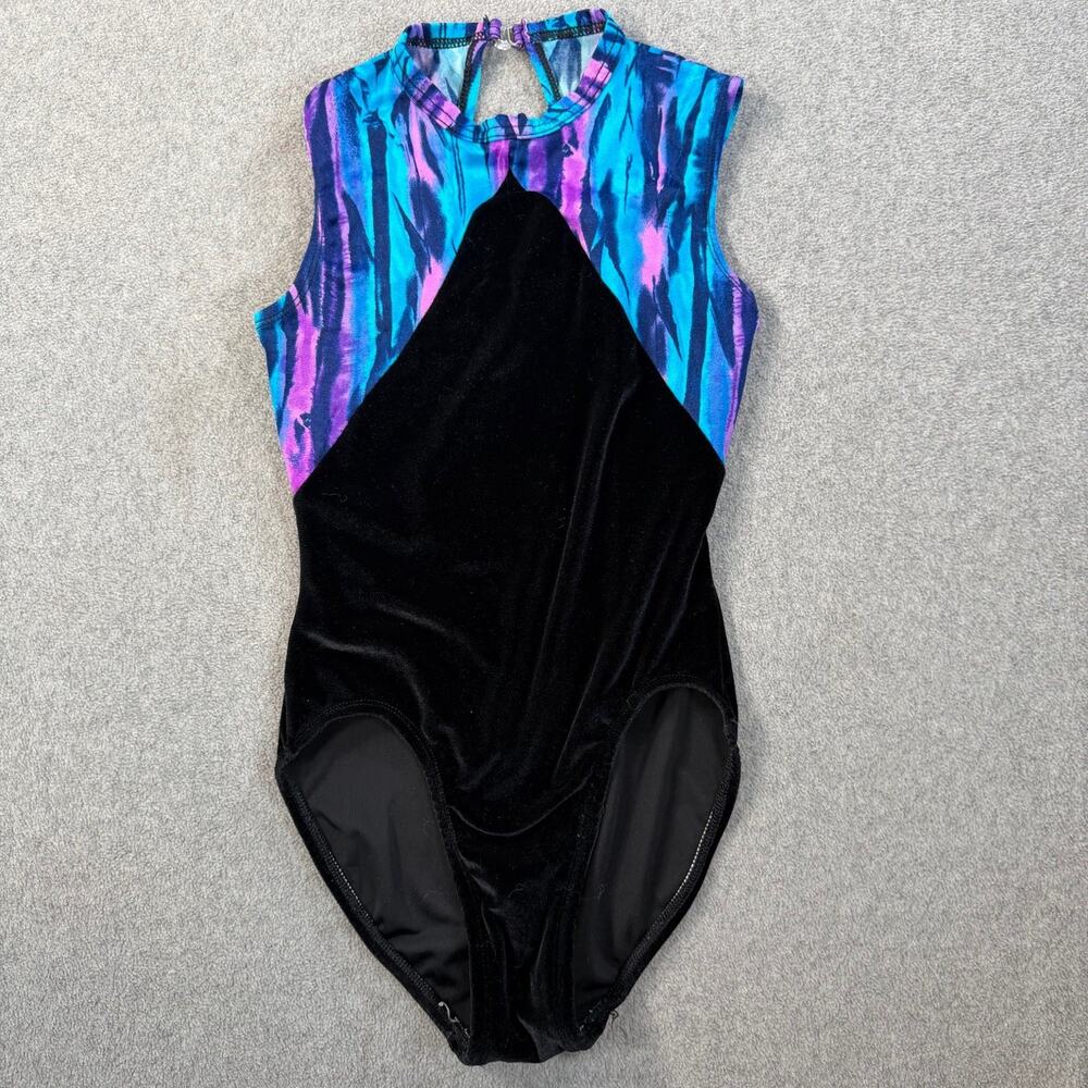 Major Motion Dancewear Leotard Petite Adult Black Velvet Blue Purple Striped VTG